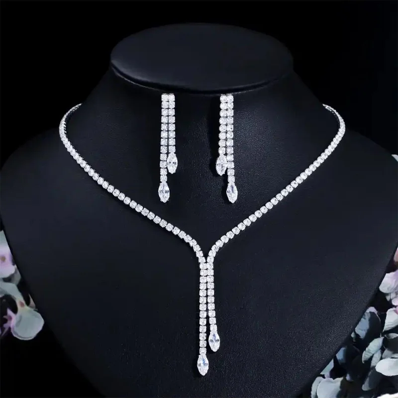 باهلس Silver Plated Zircon Stone Rhinestone Waterway Necklace Earring Set Bridal Set Party Invitation Set