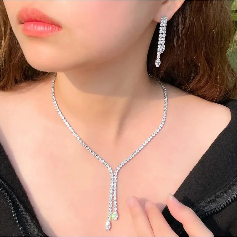 باهلس Silver Plated Zircon Stone Rhinestone Waterway Necklace Earring Set Bridal Set Party Invitation Set