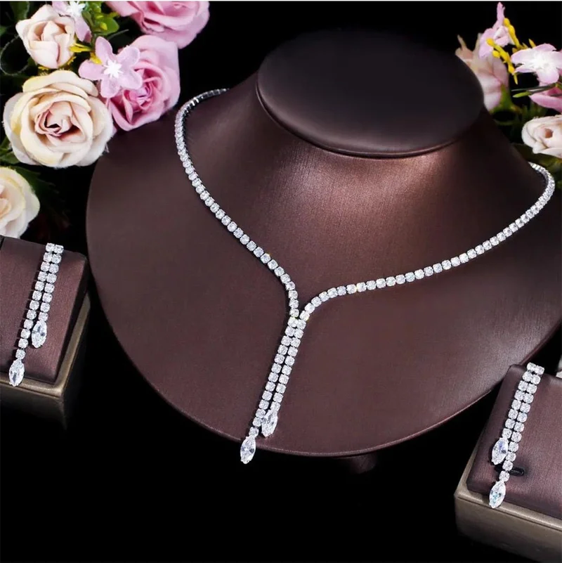 باهلس Silver Plated Zircon Stone Rhinestone Waterway Necklace Earring Set Bridal Set Party Invitation Set