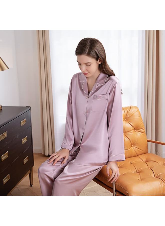 Meibiao Spring And Autumn 100% Mulberry Silk Women's Long Sleeve Cardigan Pajamas Thin Mist Rose M - Image 3