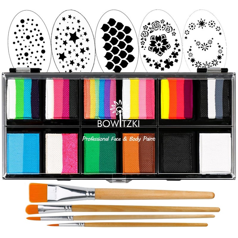 Bowitzki 12x10 gm Face Paint Professional Body Painting Kit For Adults Stencil One Stroke Split Cake Non Toxic Rainbow Flora Dolphin Unicorn Flame Makeup Halloween Christmas Easter Carnival Set