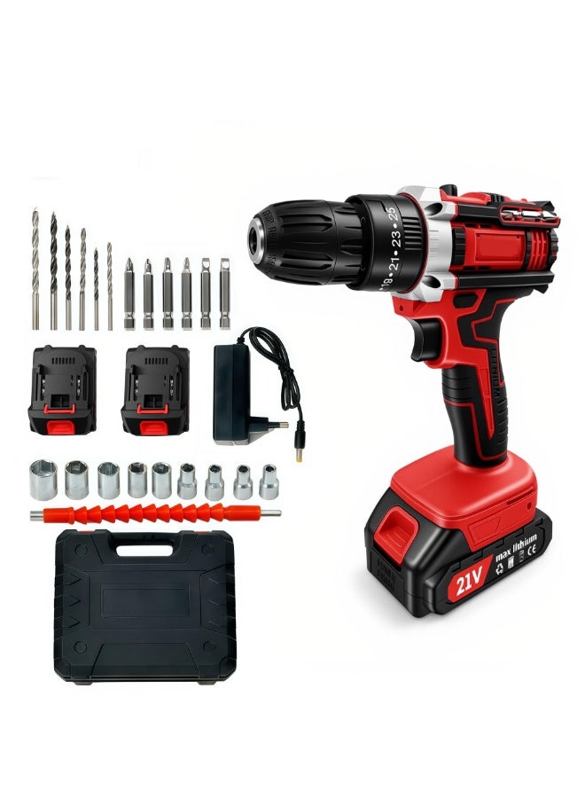 21V Cordless Impact Drill Driver Set, Brushed Motor Electric Screwdriver Kit with 2 Batteries & Accessory Kit, Red/Black - Image 1
