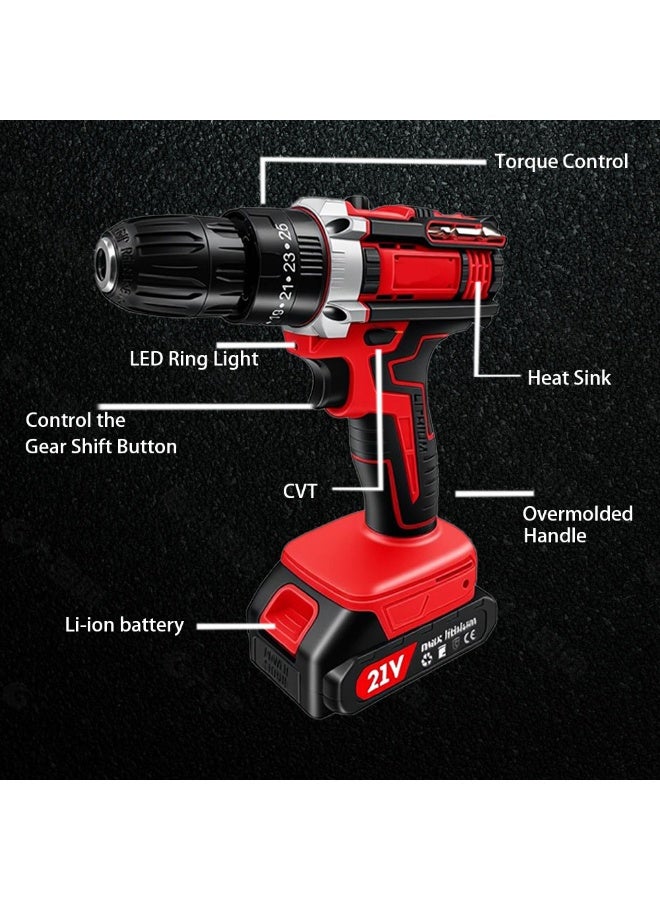 21V Cordless Impact Drill Driver Set, Brushed Motor Electric Screwdriver Kit with 2 Batteries & Accessory Kit, Red/Black - Image 4