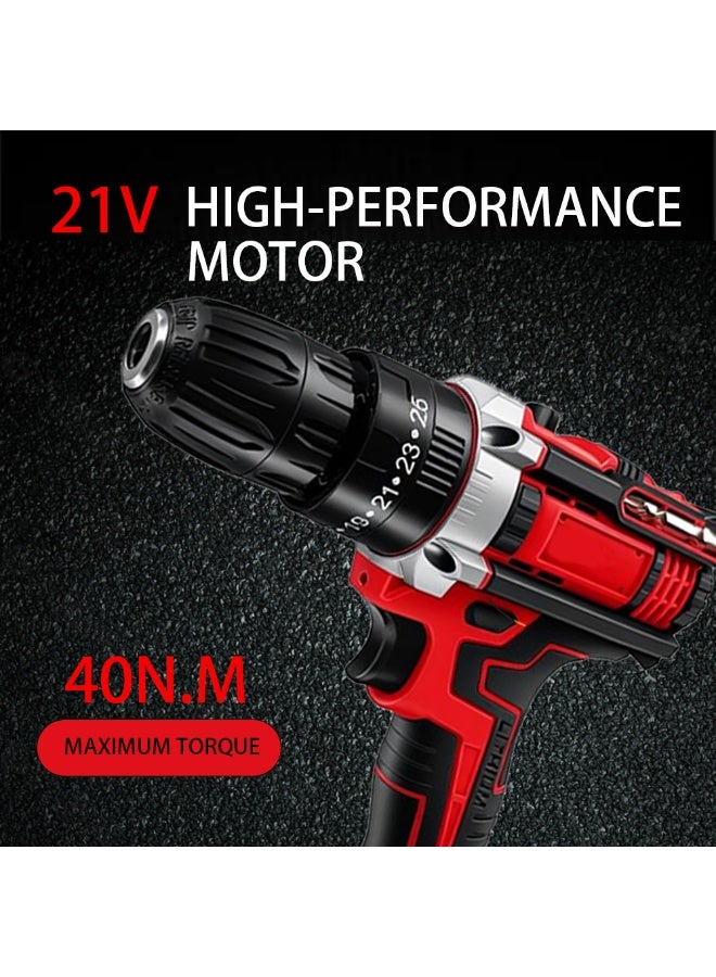 21V Cordless Impact Drill Driver Set, Brushed Motor Electric Screwdriver Kit with 2 Batteries & Accessory Kit, Red/Black - Image 3