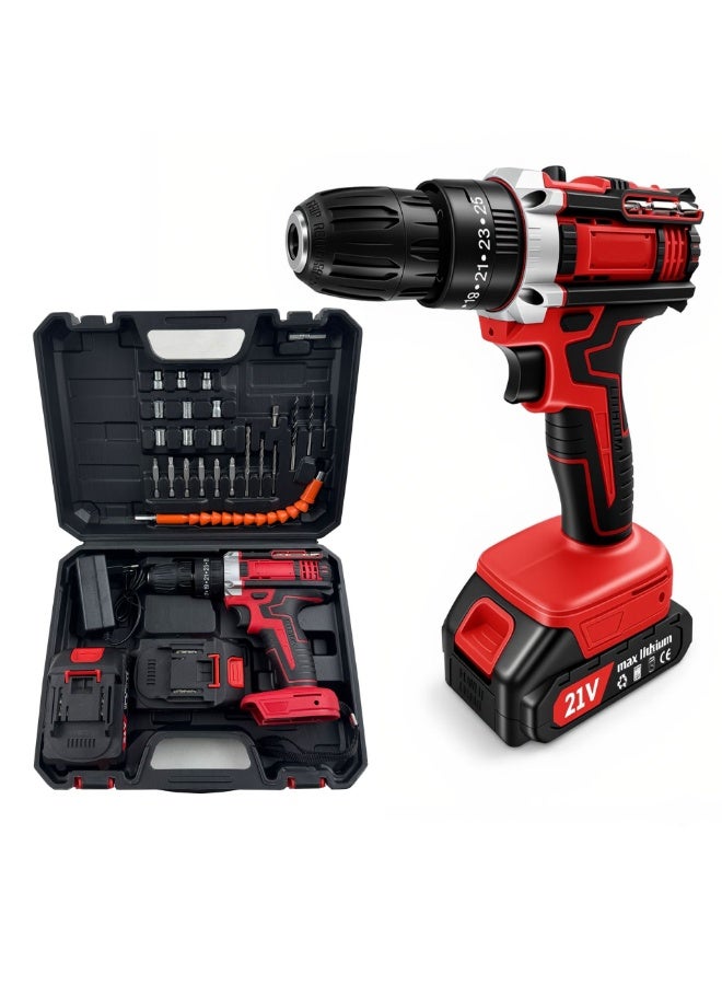 21V Cordless Impact Drill Driver Set, Brushed Motor Electric Screwdriver Kit with 2 Batteries & Accessory Kit, Red/Black - Image 2