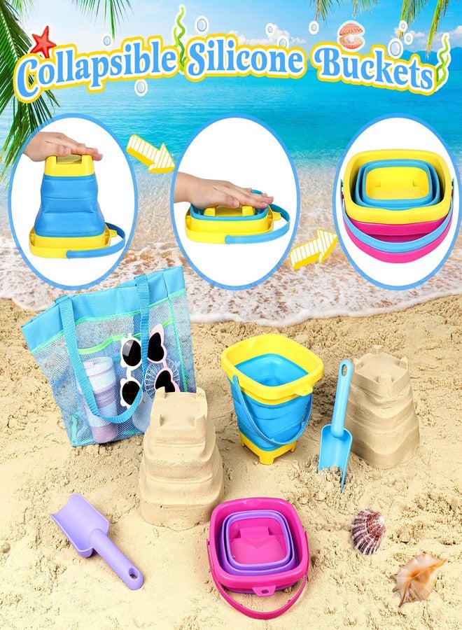 TSDATOWR Collapsible Beach Buckets for Kids, 2 Packs Foldable Sand Buckets and Shovels with Mesh Beach Bag, Silicone Sand Pails for Toddlers Beach Toys, Easter Egg Hunt, Camping, Travelling, Fishing Water Pail - Image 2