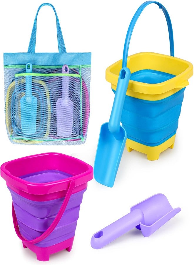 TSDATOWR Collapsible Beach Buckets for Kids, 2 Packs Foldable Sand Buckets and Shovels with Mesh Beach Bag, Silicone Sand Pails for Toddlers Beach Toys, Easter Egg Hunt, Camping, Travelling, Fishing Water Pail - Image 1