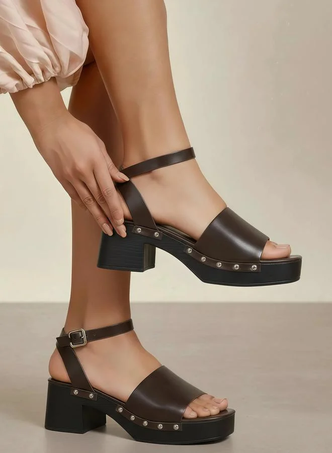 Styli Brown Studded Ankle Strap Block Heel Sandals for Women | Best Price UAE