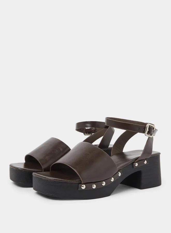 Styli Brown Studded Ankle Strap Block Heel Sandals for Women | Best Price UAE