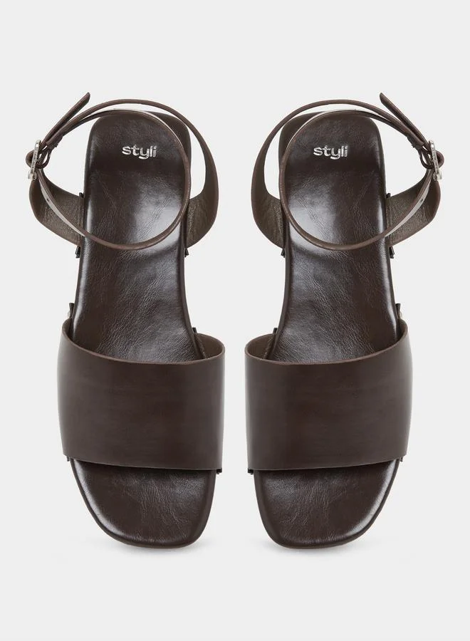Styli Brown Studded Ankle Strap Block Heel Sandals for Women | Best Price UAE