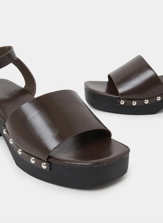 Styli Brown Studded Ankle Strap Block Heel Sandals for Women | Best Price UAE