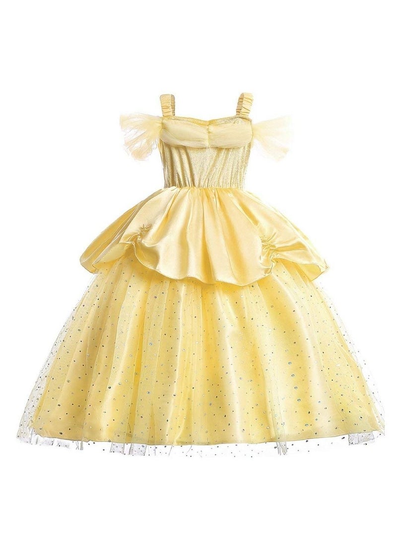 Little Girls Yellow Roses Princess Costume Dress Off Shoulder Layered up 120cm - Image 1