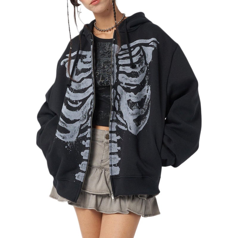 Yuemengxuan Womens Y2K Zipper Hoodie Long Sleeve Sweatshirt Harajuku Punk Grunge Tops Oversized Vintage Streetwear, Skeleton Black, Small - Image 4