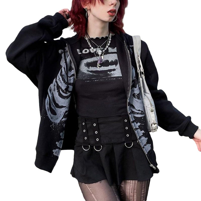 Yuemengxuan Womens Y2K Zipper Hoodie Long Sleeve Sweatshirt Harajuku Punk Grunge Tops Oversized Vintage Streetwear, Skeleton Black, Small - Image 5