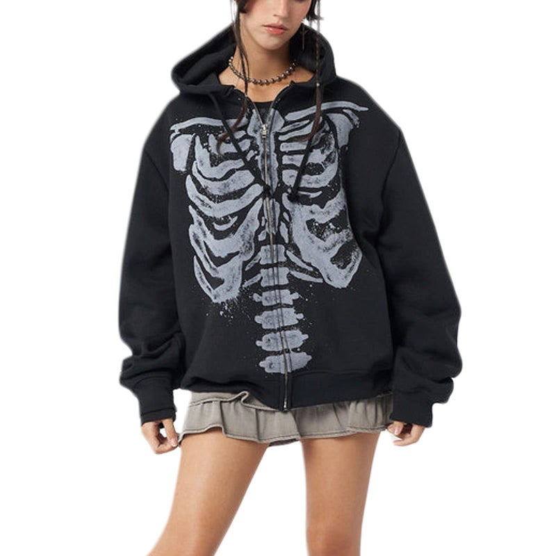 Yuemengxuan Womens Y2K Zipper Hoodie Long Sleeve Sweatshirt Harajuku Punk Grunge Tops Oversized Vintage Streetwear, Skeleton Black, Small - Image 3