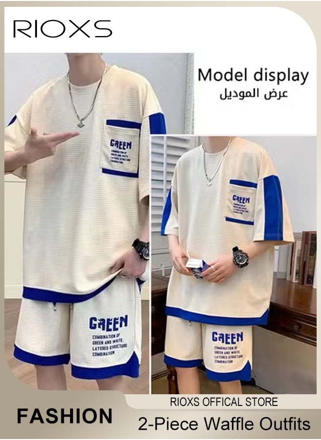 Men's 2 Piece Set, Comfy Casual Waffle Outfits, Loose Short-sleeved Tops and Drawstring Waist Shorts, Fashionable Colour Blocking T-shirt and Shorts, Crafted from Ultra-lightweight Stretchy Material