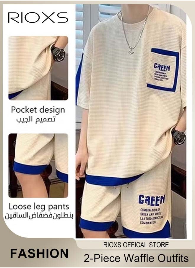 RIOXS Men's 2 Piece Set, Comfy Casual Waffle Outfits, Loose Short-sleeved Tops and Drawstring Waist Shorts, Fashionable Colour Blocking T-shirt and Shorts, Crafted from Ultra-lightweight Stretchy Material  - Image 4