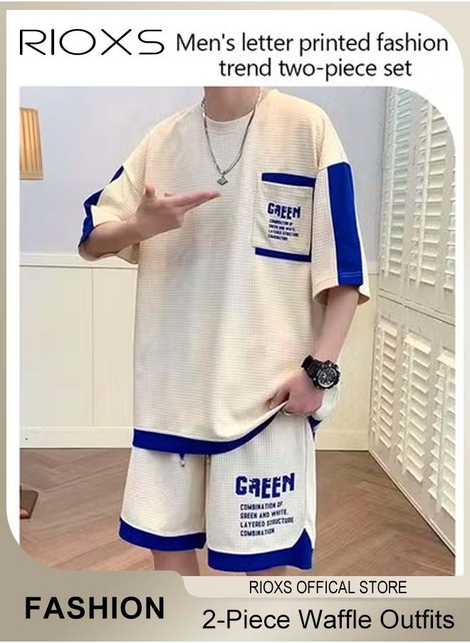 Men's 2 Piece Set, Comfy Casual Waffle Outfits, Loose Short-sleeved Tops and Drawstring Waist Shorts, Fashionable Colour Blocking T-shirt and Shorts, Crafted from Ultra-lightweight Stretchy Material
