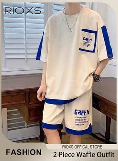RIOXS Men's 2 Piece Set, Comfy Casual Waffle Outfits, Loose Short-sleeved Tops and Drawstring Waist Shorts, Fashionable Colour Blocking T-shirt and Shorts, Crafted from Ultra-lightweight Stretchy Material  - Image 1