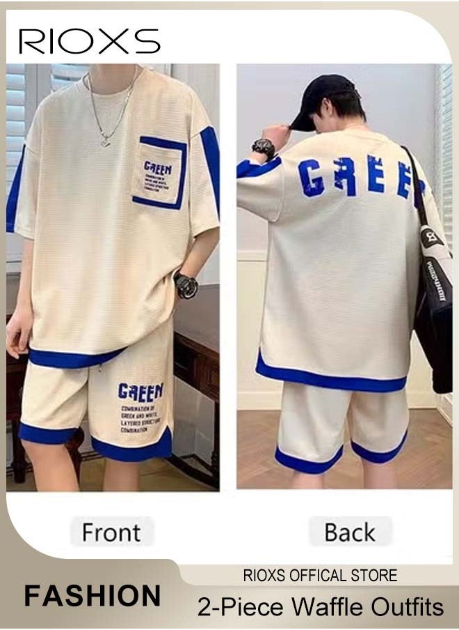 Men's 2 Piece Set, Comfy Casual Waffle Outfits, Loose Short-sleeved Tops and Drawstring Waist Shorts, Fashionable Colour Blocking T-shirt and Shorts, Crafted from Ultra-lightweight Stretchy Material