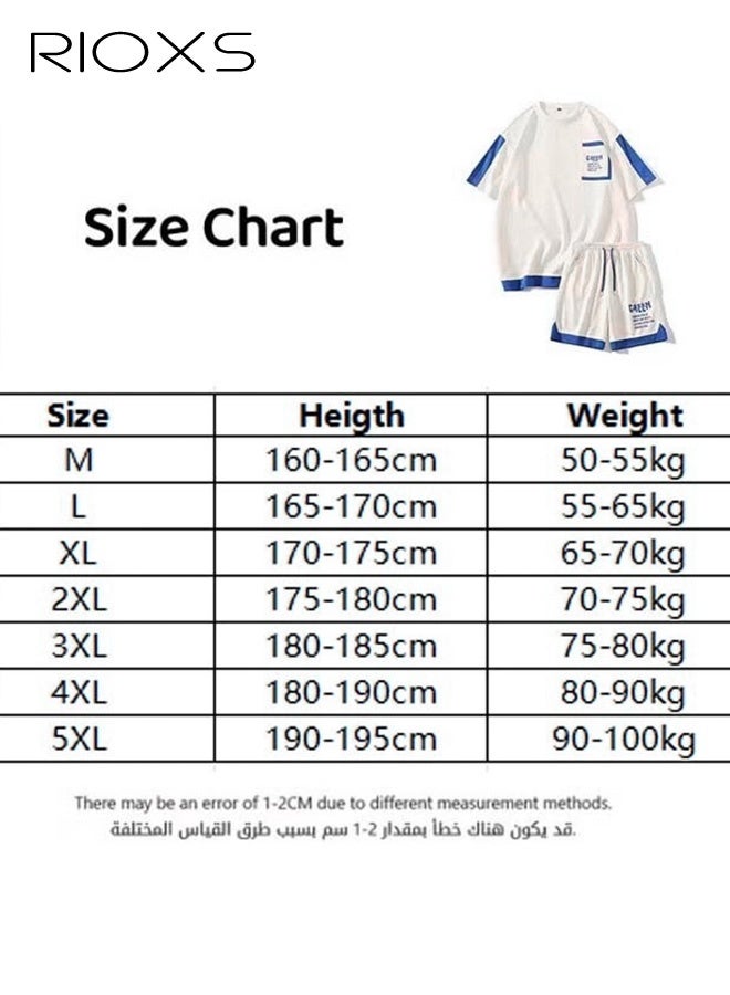 Men's 2 Piece Set, Comfy Casual Waffle Outfits, Loose Short-sleeved Tops and Drawstring Waist Shorts, Fashionable Colour Blocking T-shirt and Shorts, Crafted from Ultra-lightweight Stretchy Material
