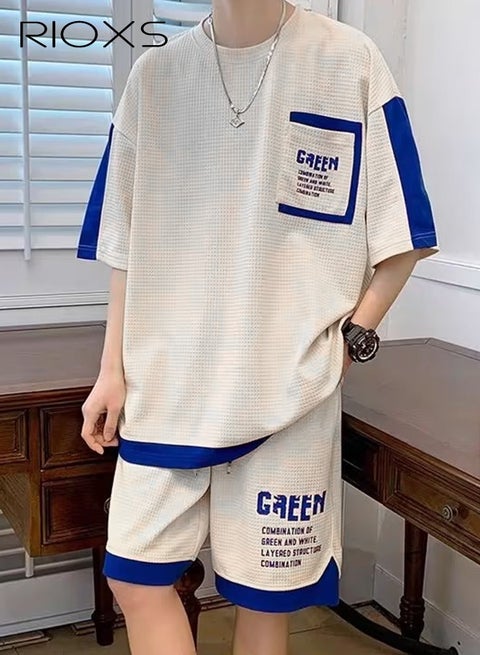 Men's 2 Piece Set, Comfy Casual Waffle Outfits, Loose Short-sleeved Tops and Drawstring Waist Shorts, Fashionable Colour Blocking T-shirt and Shorts, Crafted from Ultra-lightweight Stretchy Material