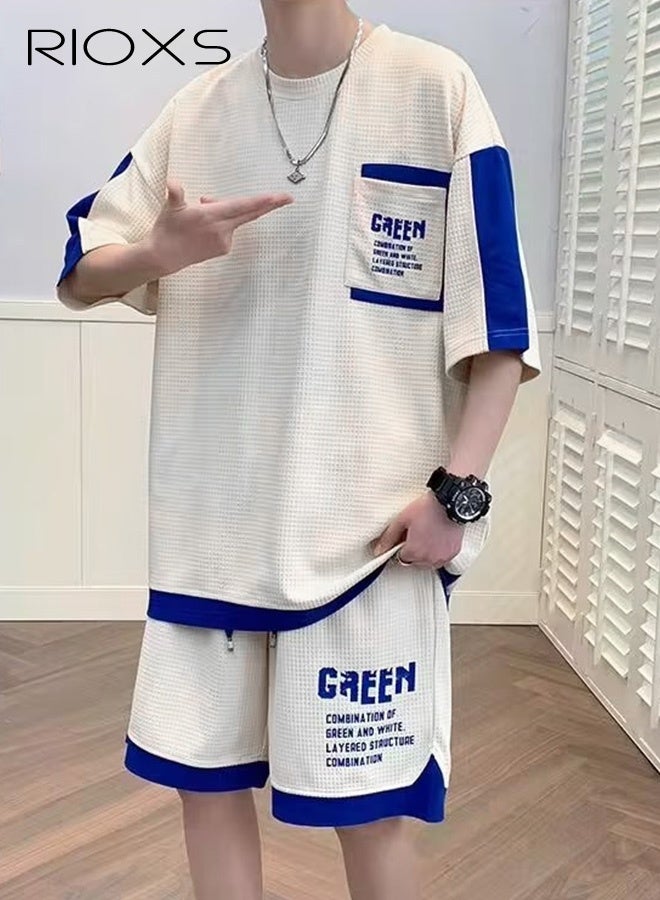 Men's 2 Piece Set, Comfy Casual Waffle Outfits, Loose Short-sleeved Tops and Drawstring Waist Shorts, Fashionable Colour Blocking T-shirt and Shorts, Crafted from Ultra-lightweight Stretchy Material