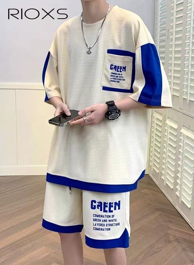 ريوكس طقم رجالي مكون من قطعتين للرجال، أزياء كاجوال مريحة بأكمام قصيرة فضفاضة وشورت برباط خصر، تي شيرت وشورت عصري بألوان متباينة، مصنوع من خامة خفيفة الوزن ومطاطية للغاية - Image 2