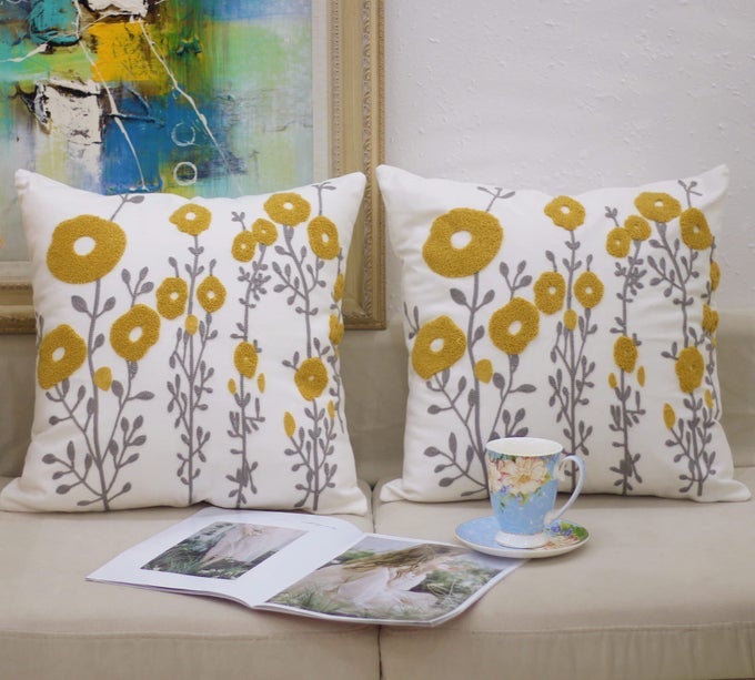MUSTARD YELLOW FLORA THROW PILLOW COVERS SPRING DECORATIVE PILLOWCASE 18X18 EMBROIDERED CUSHION FOR FARMHOUSE COUCH SOFA BED LIVING ROOM PICNIC 2 PCS