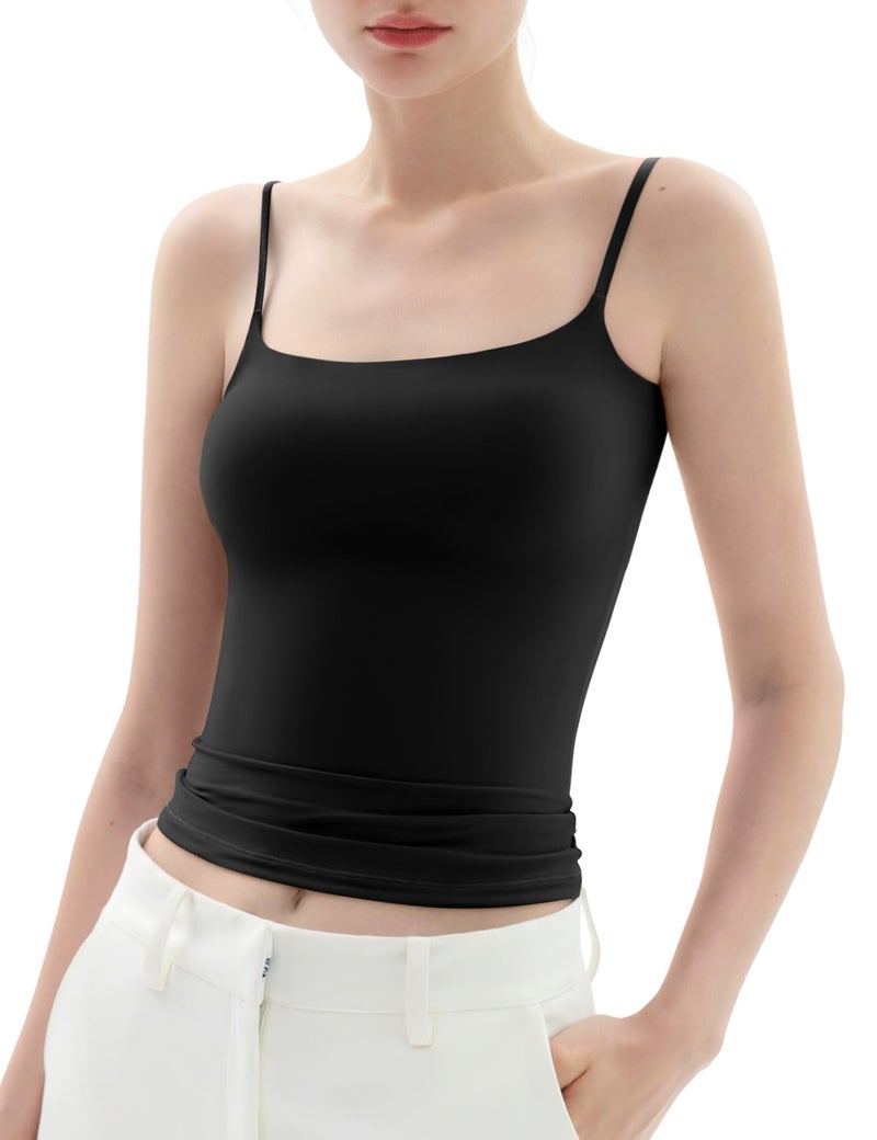 PUMIEY Tank Top for Women Square Neck Spaghetti Straps Camisole Sleeveless Basic Summer Tops, Jet Black Small - Image 1