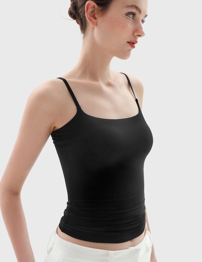 PUMIEY Tank Top for Women Square Neck Spaghetti Straps Camisole Sleeveless Basic Summer Tops, Jet Black Small - Image 2