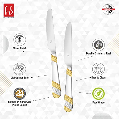 FNS Imperio Stainless Steel 24 Karat Gold Plated on Handle Dinner/Butter Knives (2 Dinner Knife) - Image 4