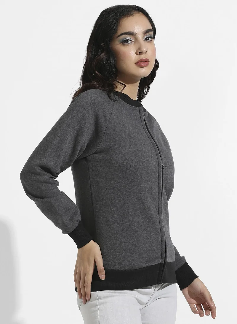 Campus Sutra Zip-Front Hoodie With Contrast Hem