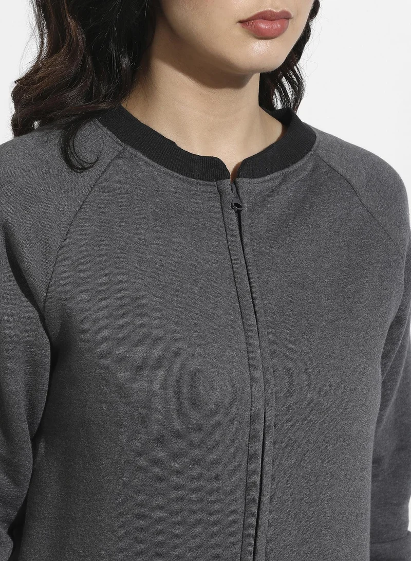 Campus Sutra Zip-Front Hoodie With Contrast Hem