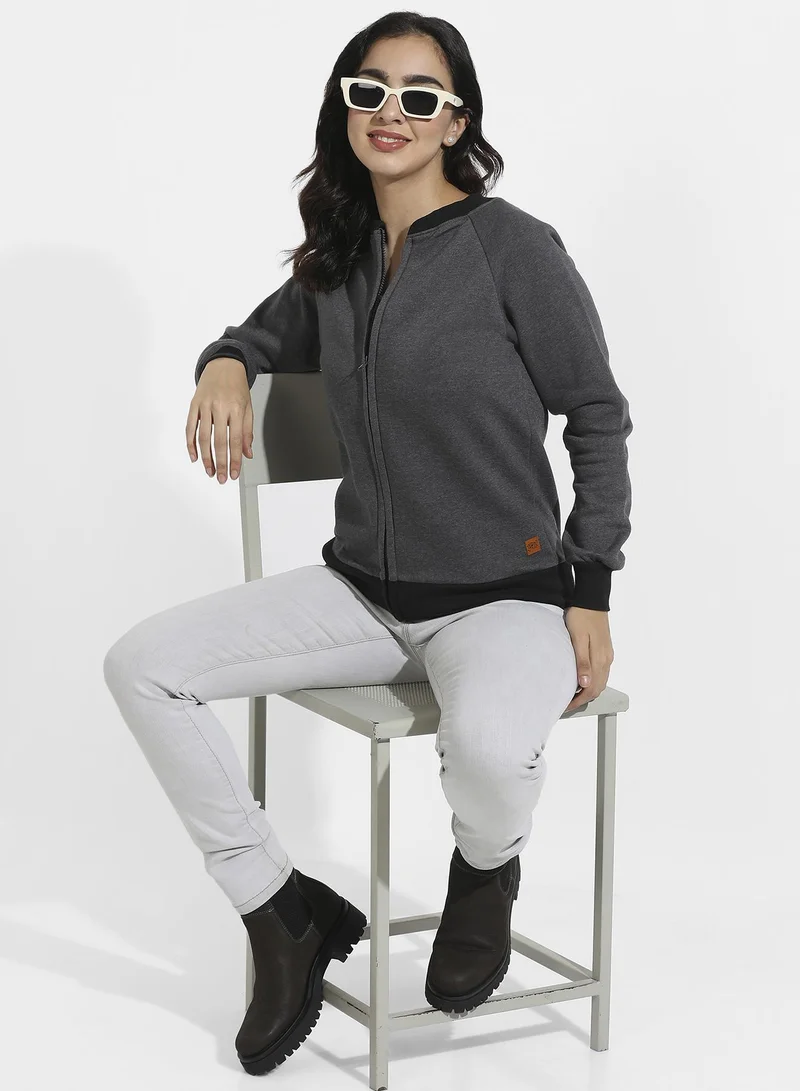 Campus Sutra Zip-Front Hoodie With Contrast Hem