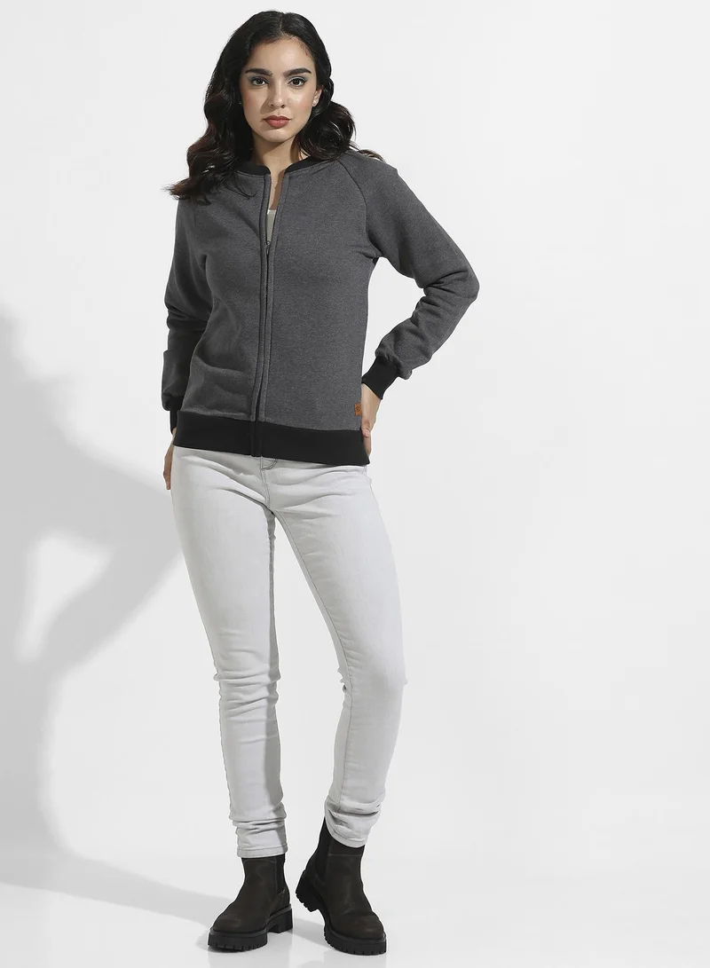 Campus Sutra Zip-Front Hoodie With Contrast Hem