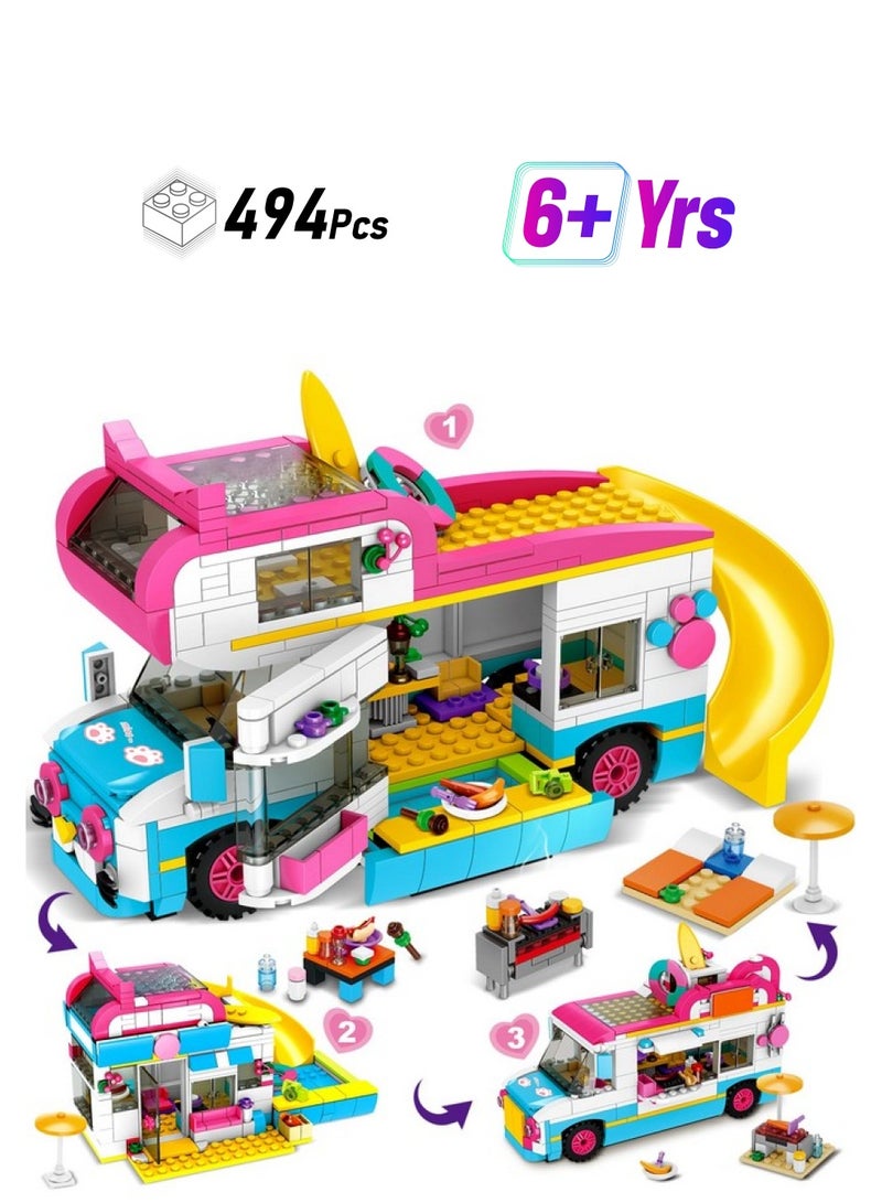 Hogokids 3-In-1 Girls Camper Van Building Set - 494Pcs Summer Beach Camping Building Blocks Sets | Food Truck Building Toys With Slide And Stickers | Gifts For Girls Boys Age 6 7 8 9 10 11 12+  - Image 1