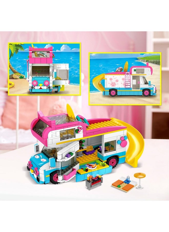 Hogokids 3-In-1 Girls Camper Van Building Set - 494Pcs Summer Beach Camping Building Blocks Sets | Food Truck Building Toys With Slide And Stickers | Gifts For Girls Boys Age 6 7 8 9 10 11 12+  - Image 5