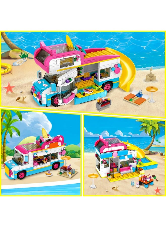 Hogokids 3-In-1 Girls Camper Van Building Set - 494Pcs Summer Beach Camping Building Blocks Sets | Food Truck Building Toys With Slide And Stickers | Gifts For Girls Boys Age 6 7 8 9 10 11 12+  - Image 2