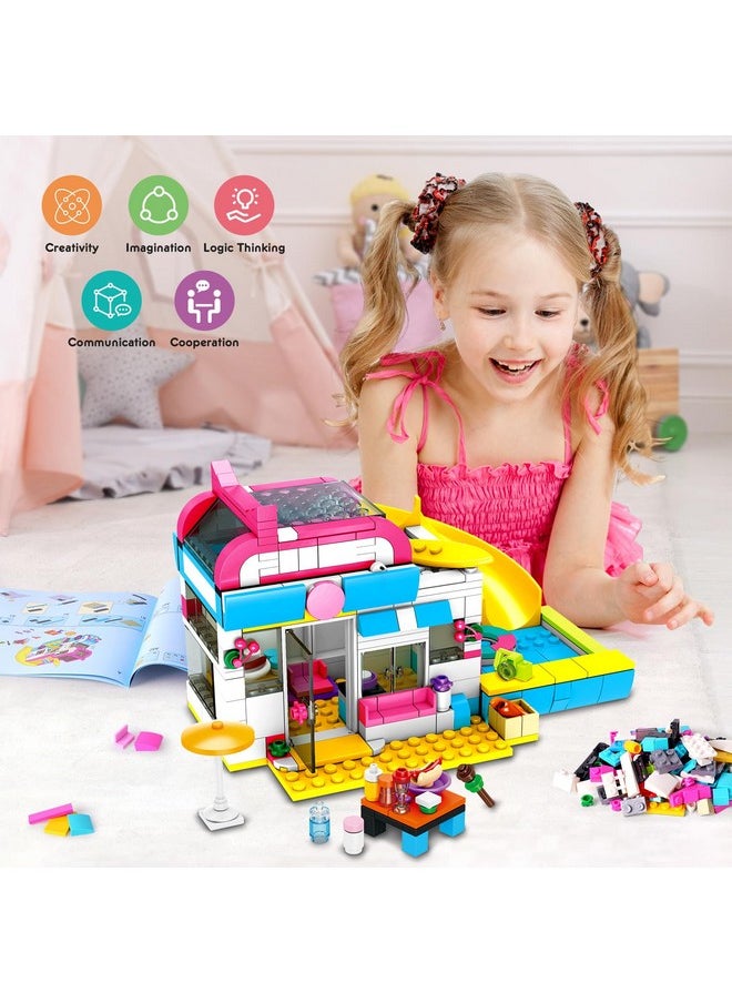 Hogokids 3-In-1 Girls Camper Van Building Set - 494Pcs Summer Beach Camping Building Blocks Sets | Food Truck Building Toys With Slide And Stickers | Gifts For Girls Boys Age 6 7 8 9 10 11 12+  - Image 4