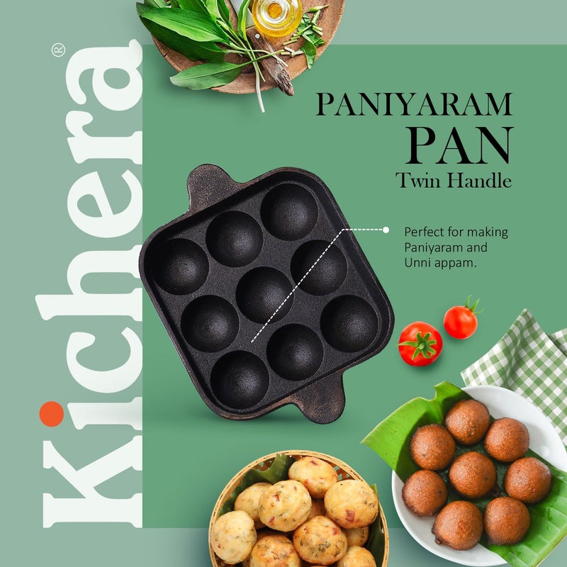 Kichera Kichera Cast Iron Appam Pan | Nonstick 9-Cavity Appam Maker | 9.8 Inch, 1.8kg | Induction Friendly  - Image 3