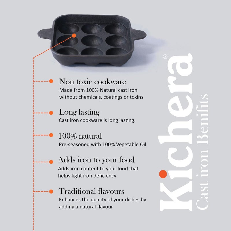 Kichera Kichera Cast Iron Appam Pan | Nonstick 9-Cavity Appam Maker | 9.8 Inch, 1.8kg | Induction Friendly  - Image 5
