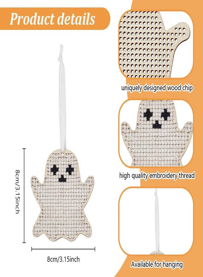 FREEBLOSS 16 Set Halloween Ghost Wooden Cross Stitch Kit Keychain Ornament Sewing Board Wood 4 Style Sewing Kit Cross Stitch Hanging for Key&Bag Wooden Cross Stitch Blanks Set - Image 3