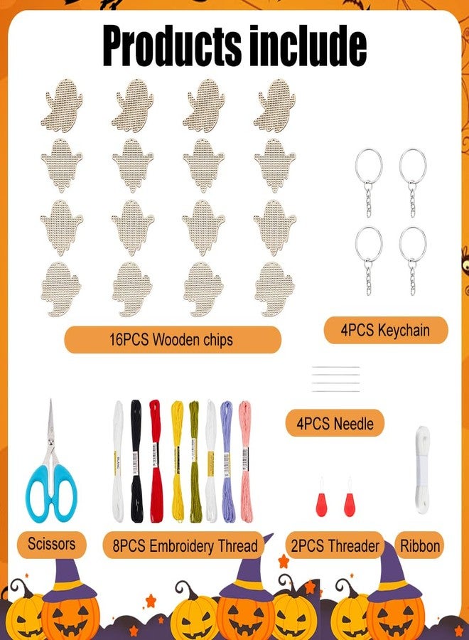 FREEBLOSS 16 Set Halloween Ghost Wooden Cross Stitch Kit Keychain Ornament Sewing Board Wood 4 Style Sewing Kit Cross Stitch Hanging for Key&Bag Wooden Cross Stitch Blanks Set - Image 2