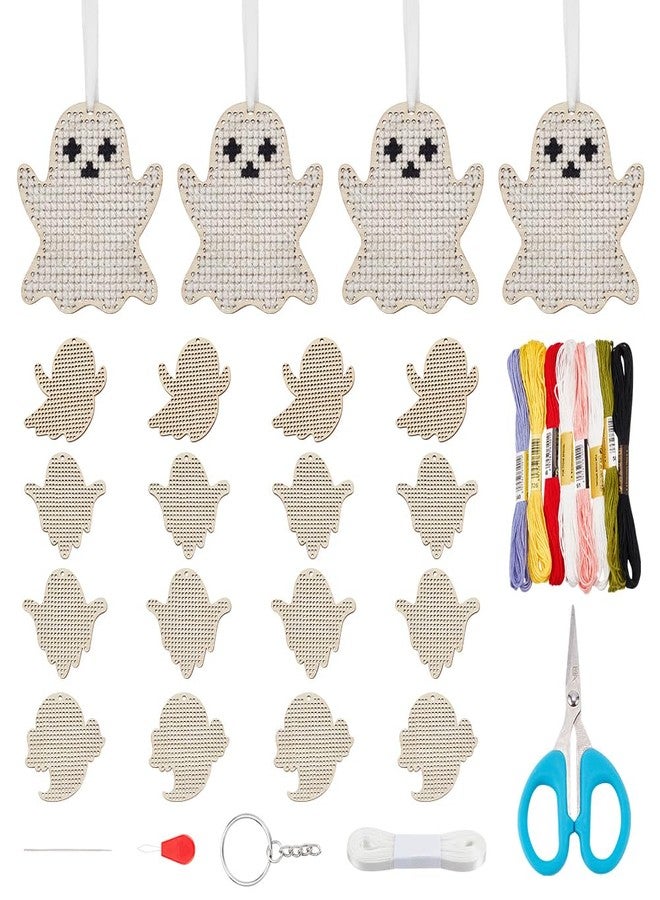 FREEBLOSS 16 Set Halloween Ghost Wooden Cross Stitch Kit Keychain Ornament Sewing Board Wood 4 Style Sewing Kit Cross Stitch Hanging for Key&Bag Wooden Cross Stitch Blanks Set - Image 1
