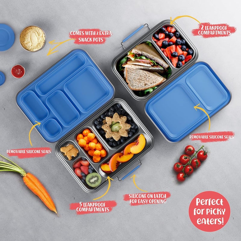 علبة غداء من الفولاذ المقاوم للصدأ من للأطفال، علبة غداء بنتو مانعة للتسرب وخالية من مادة BPA، مصنوعة من فولاذ مقاوم للصدأ من النوع 304، مزودة بحاويات مناسبة للاستخدام في المدرسة والمكتب (لون أزرق). - Image 5