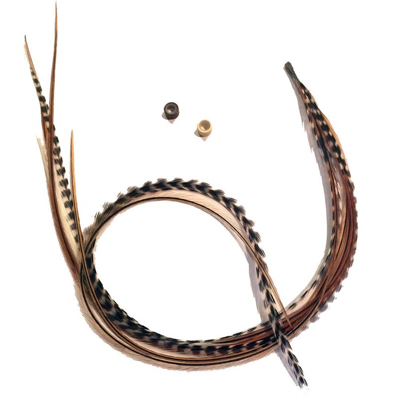 Feather Hair Extensions in GrizzlyGinger with Browns and Beige  Bonded Set of 5 Feathers  57 Inches Long