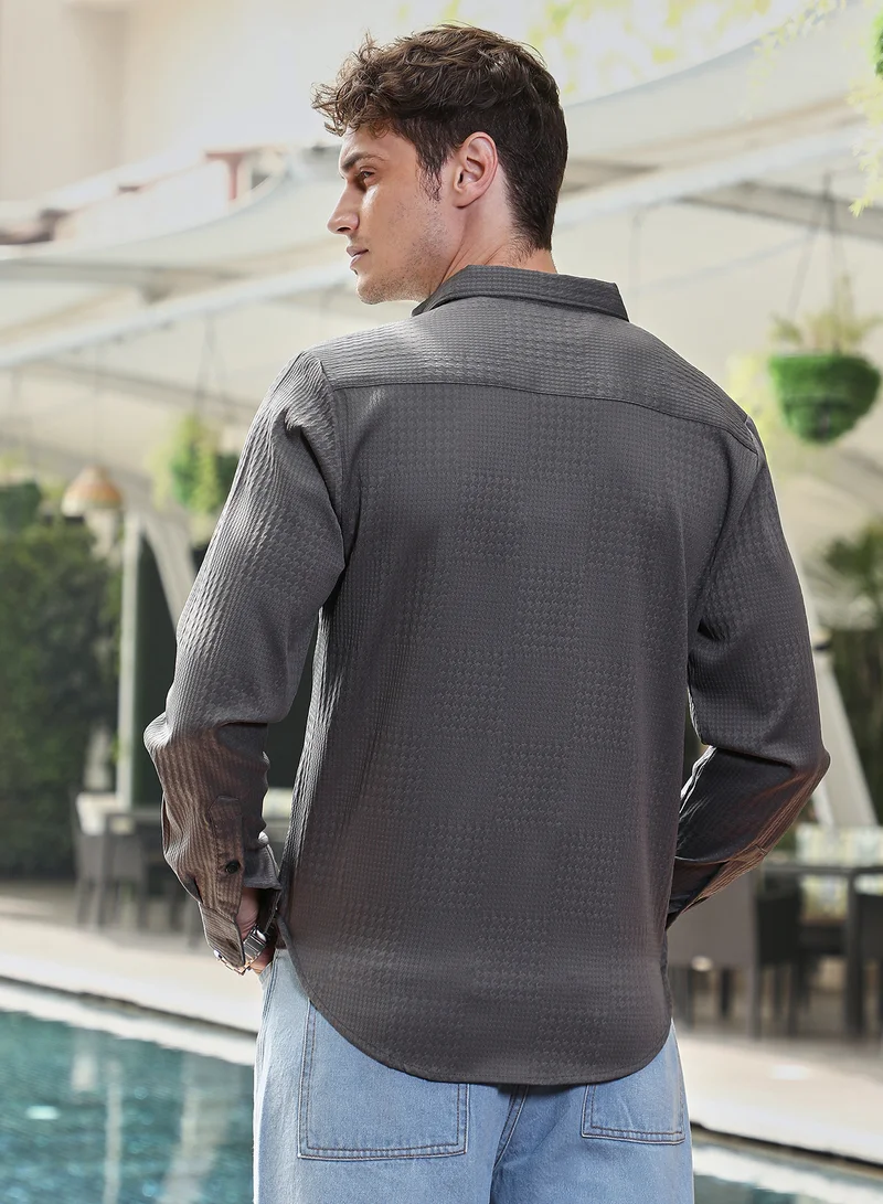 Campus Sutra Men's Ash Grey Houndstooth-Tactile Shirt