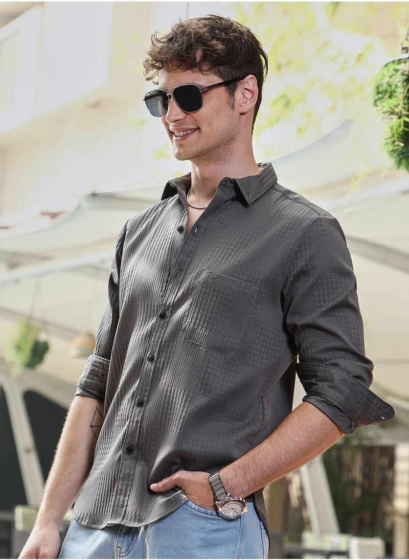 Campus Sutra Men's Ash Grey Houndstooth-Tactile Shirt