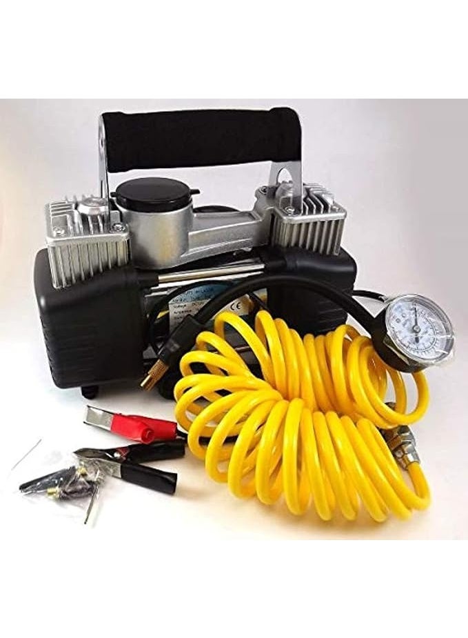 Portable Dual Cylinder Tire Air Compressor, Pneumatic Tire Inflator for Vehicle Tires, Fast Air Pump with Heavy Duty Design for Emergency and Daily Use